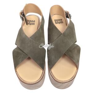 Anne Blum Sofia US 11 EU 42 Wooden Platform Suede Cross Strap Sandal Olive Green